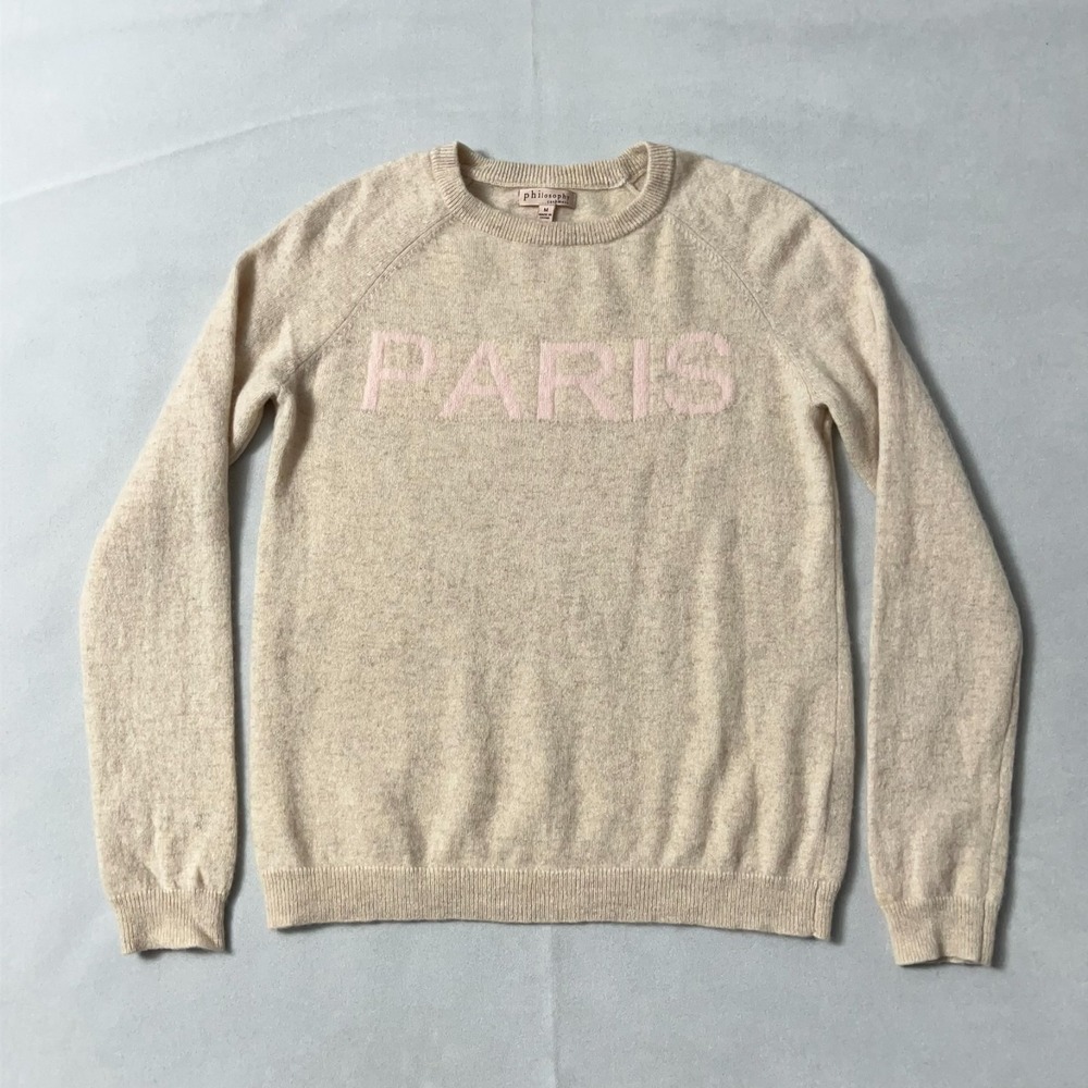 Philosophy Cashmere Sweater Women Medium Oatmeal Beige PARIS Spell Out